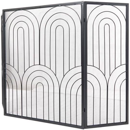 Black Metal Art Deco 3-Panel Fireplace Screen